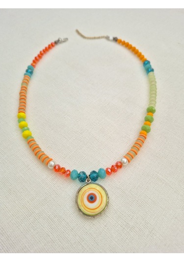 El Yapımı Kolye Uçlu Çok Renkli Kristal Cam Boncuk Kolye Çok REnkli