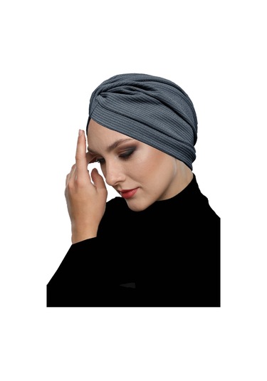 Çapraz Fitilli Penye Koyu Gri Hazır Türban Tesettür Havuz Bonesi Koyu Gri