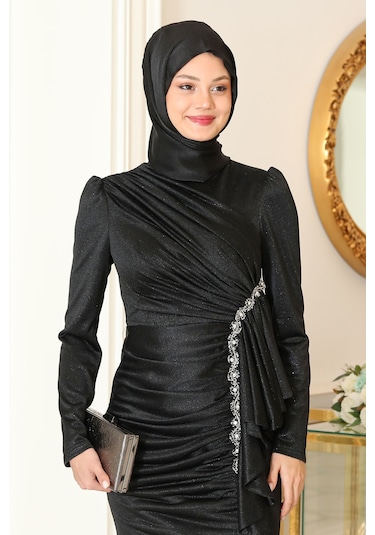 Parıltılı Fırfır Detaylı Zühre Tesettür Abiye Siyah