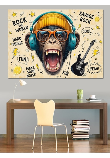 Kulaklıklı Maymun Müzik Dinliyor Dekoratif Kanvas - Mdf Ahşap Tablo