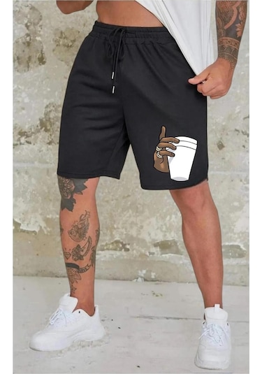 Benroma Elde Bardak Baskılı Unisex Şort Siyah