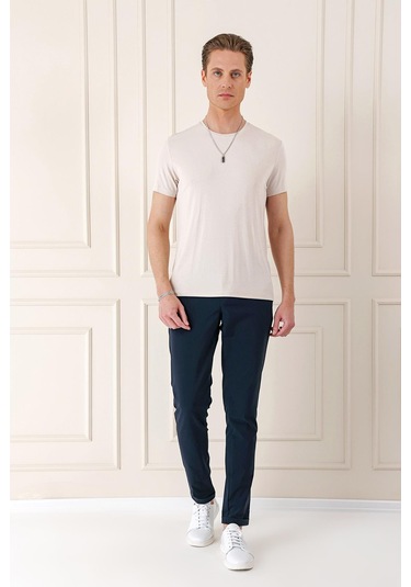 Slim Fit Bisiklet Yaka Düz Pamuklu Açık Bej Tişört Ts 823 Bej