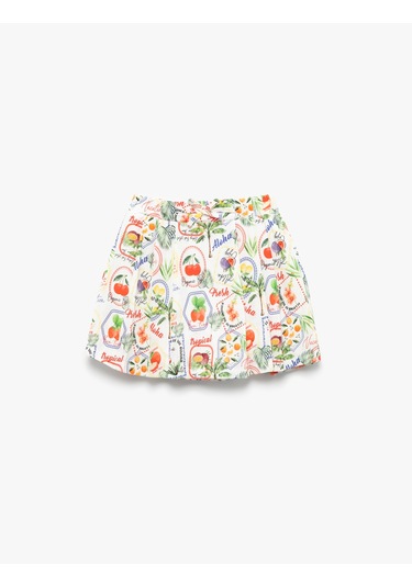 Koton Pileli Meyve Desenli Fiyonklu Pamuklu Etek Ekru Desenli 5skg70104aw Ekru Desenli