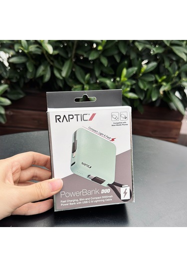 Raptic Lightning Ve Type-c Kablolu Dijital Led Göstergeli Askılı Powerbank 5000mah Yeşil