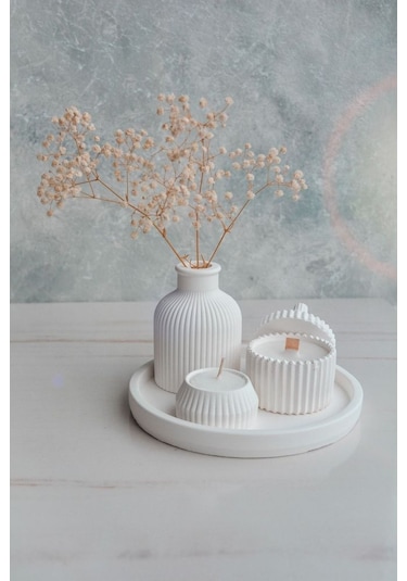 5 Parça Beyaz Renk Özel Tasarım Kokulu Soya Mum, Vazo, Tealightlı