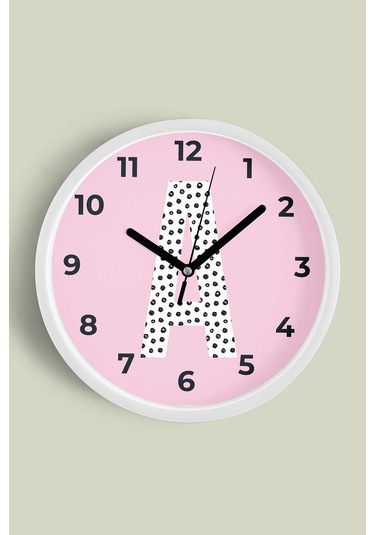 A Harfi Kız Odası Duvar Saati - 30cm - Önü Camlı Beyaz Kasa - Sessiz Mekanizma Beyaz