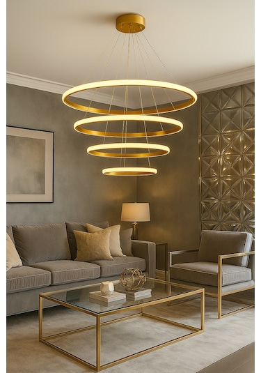 4'lü Çember Modern Sarkıt Led Avize - Kumandalı / Gold Gold