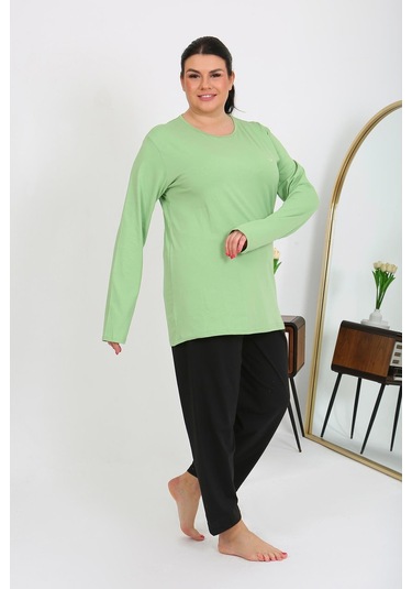 Akbeniz Kadın Büyük Beden Uzun Kol Penye Pijama Takımı Fıstık Yeşili 202408 Yeşil
