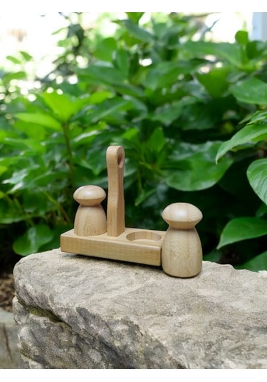 Şık Bambu Tuzluk Biberlik Seti Standlı Bambu