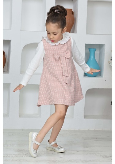 Kız Çocuk Şanel Kumaş 2'li Elbise Elbise+bady Bluz 12174 Gülkurusu