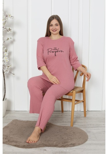 Fames Pijama Fitilli Kaşkorse Pamuklu Ispanyol Paça Yeni Sezon Büyük Beden Ev Giyim Pudra