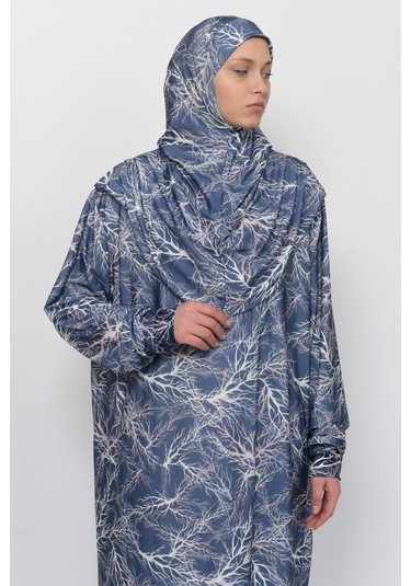 Pratik Tek Parça Ağaç Desenli Kollu Tak Çıkar Başörtülü Likralı Tesettür Namaz Elbisesi 990-0705 Lacivert Antrasit