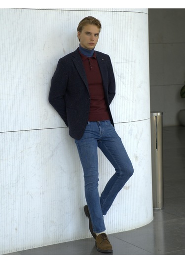 Erkek Yün Ceket Nopeli Mono Yaka Torba Cep Çift Yırtmaç Slim Fit Ceket Ncs Jeans 4003-Lacivert