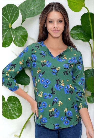 Kadın Yeşil Yakası Yırtmaçlı Krep Bluz Truvakar Kol Çicekli Ve Giy Çık - Tesettüre Uygun Yeşil