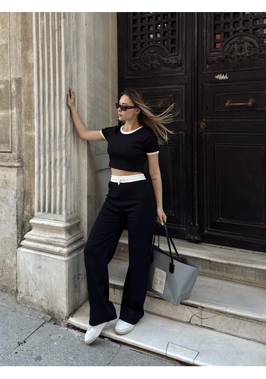 Crop Pantolon Biyeli Takım Siyah Siyah