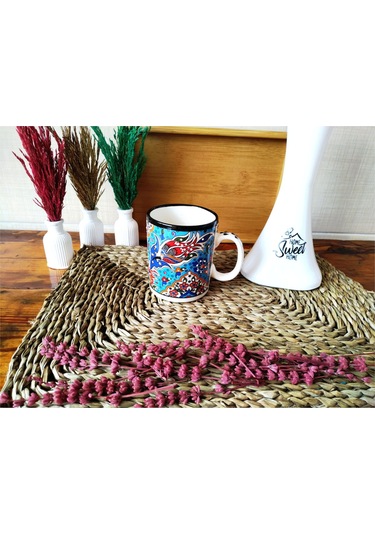 El Yapımı Seramik Kupa Organik Boya Lale Figürü MAvi