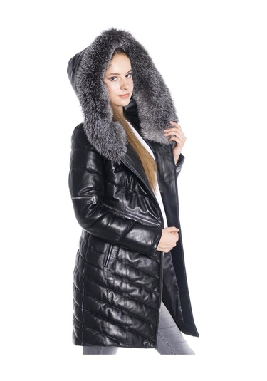 Derinss Dka1704 Hakiki Deri Kadın Siyah Kaban/Mont