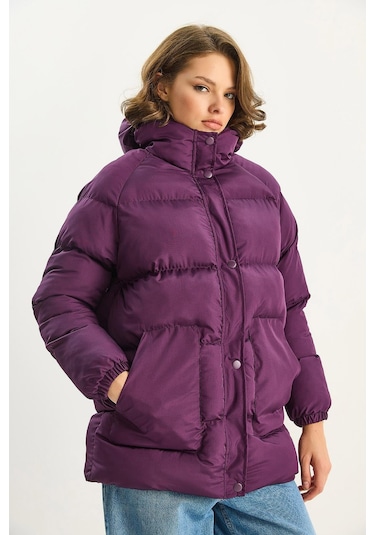 Shade Kadın Regular Fit Kapüşonlu Fermuarlı Astarlı Cepli Şişme Mont 1400 60283685 - Mor