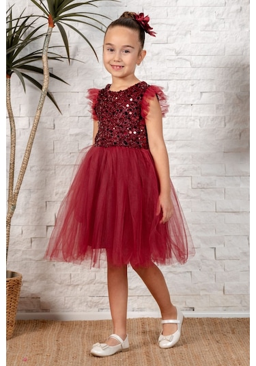 Tüllü Kız Çocuk Kpl Elbise Mnk0526 Bordo