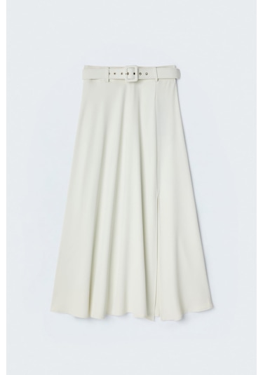 Sateen Kemerli Yırtmaç Detaylı Kloş Etek - Ekru-137417