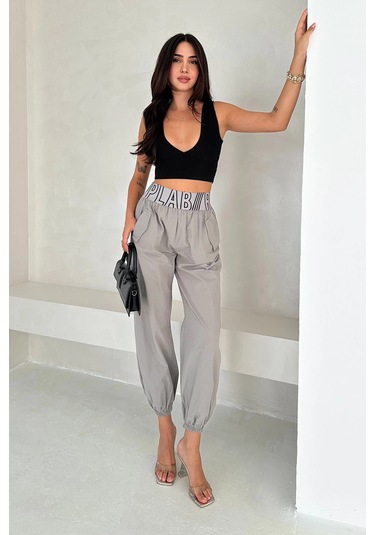 Yıkamalı Gabardin Lastikli Pantolon Gri