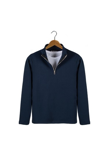 Erkek Lacivert Yarım Fermuarlı Basic Düz Sweatshirt Lacivert3