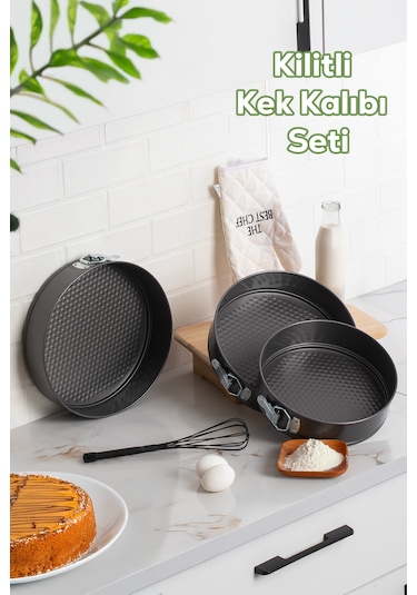 Porsima 912 3lü Yanmaz Yapışmaz Metal Kilitli Kelepçeli Yuvarlak Kek Kalıbı Seti Çok Renkli