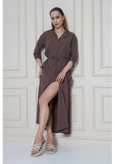 Kadın Yeni Sezon Krep Cepli Uzun Katlanabilir Kollu Büzgülü Elbise Yazlık Günlük Giyçık Kahverengi