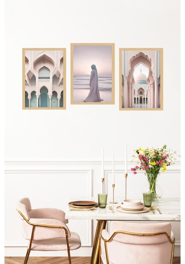 Modern İslami Mimari Ve Huzur Temalı 3 Lü Tablo Seti Çerçeve Görünümlü Crvs1210 30 X 40