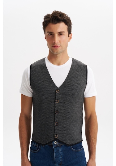 Arma Erkek Slim Fit Örme Likralı Pike Triko Yelek Kısa Kollu, %90 Akrilik %10 Wool K0yyo0858 Siyah