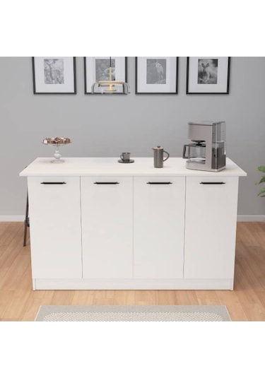 Patentli 160lık Benzila Siyah Kulplu Ada Mutfak, Mutfak Dolabı, Çok Amaçlı Dolap Beyaz