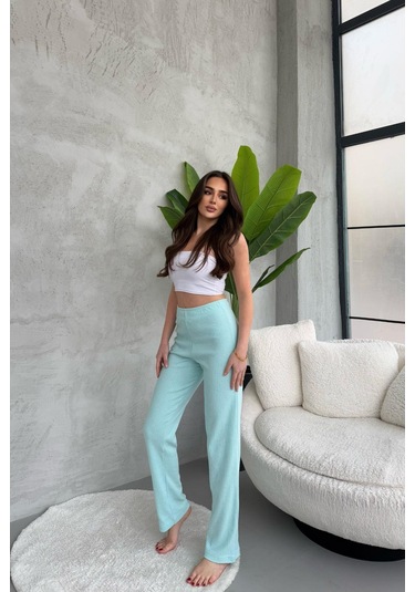 Kadın Su Yeşili Yüksek Bel Fitilli Bol Paça Günlük İnce Eşofman Altı Su Yeşili