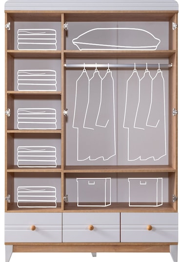 Antalya Yavrulu Karyola, Alvin 3 Kapaklı Dolap, Şifonyer - Ceviz