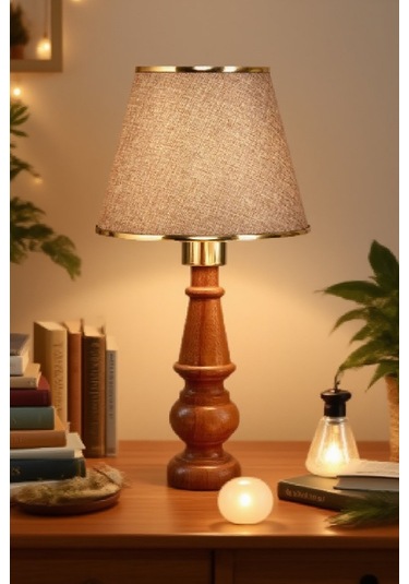 Ahşap Gövdeli Kumaş Başlıklı Dekoratif Abajur Masa Lambası Aydınlatma Lamba Kahverengi