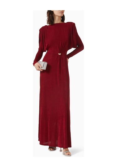 Eegen Studio Diva Maxi Elbise - Puf Kollu, Derin U Yırtmaçlı, Twinkle Knit Kumaş Kırmızı Kod 006830