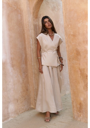 Fiametta Salaş Taş Keten Yelek Etek Takım Taş