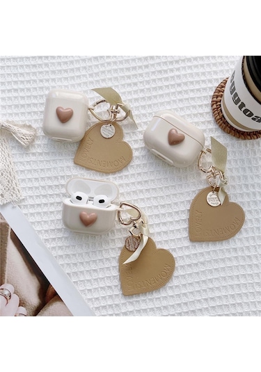 Apple Airpods 3. Nesil İle Uyumlu Kılıf Kalp Leopar Taş Kiraz Desenli Fiyok Tutmalı Kılıflar Kahve