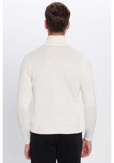 Erkek Slim Fit Dar Kesim Tam Boğazlı Yaka Düz Yün Beyaz Triko Kazak-25727 Beyaz