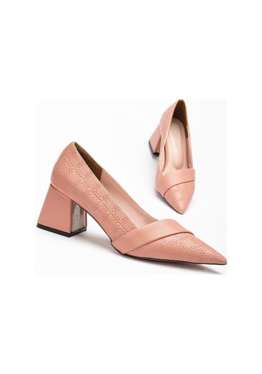 Kadın Topuklu Ayakkabı Pudra Baskılı Deri Yanyüzlü Sivri Kalıp-3578 Pudra