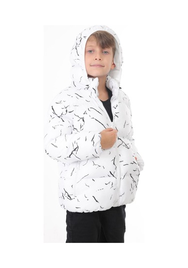 Erkek Çocuk Beyaz Çıkabilir Kapüşonlu Su Ve Rüzgar Geçirmez Cepli Kışlık Şişme Mont Beyaz