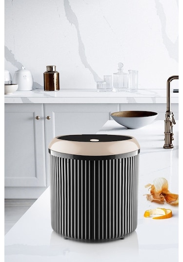 Decorev 5 Litre Bej Click Kapaklı Modern Çizgili Çöp Kovası Siyah