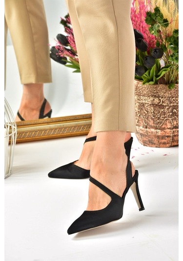 Fox Shoes Siyah Saten Kumaş Sivri Burun Kadın Topuklu Ayakkabı K4