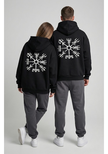 Nevermind Unisex Vegvisir Pusula Baskılı Sevgili Kombini Oversize Hoodie Seti Siyah