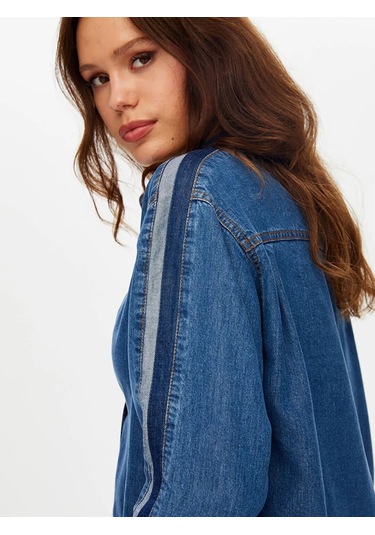 Faik Sönmez Kontrast Bant Detaylı Tenselli Kadın Jean Gömlek W26jgm001 İndigo