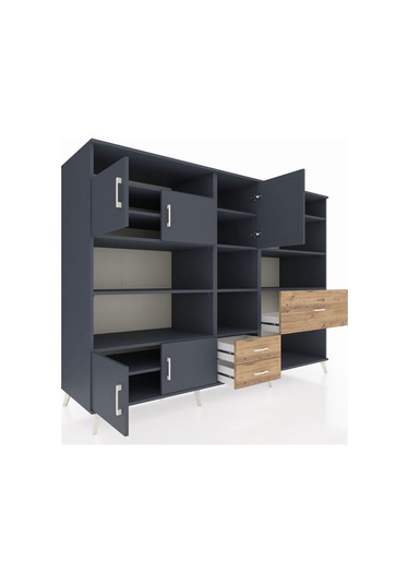 Kronos Dolap 13 Raflı 3 Çekmeceli 5 Kapaklı 220x59x163 Antrasit-a Antrasit-antrasit/çam