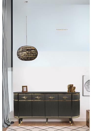 Maya Siyah Gold Lüks Konsol 4 Kapaklı Şerit Detaylı Metal Ayaklı Tasarım 180x45x84 Cm
