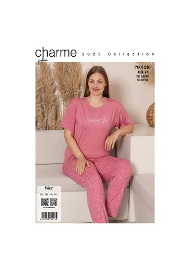 Charme Kadın Büyük Beden Bisiklet Yaka Milan Likralı Kısa Kol Pijama Takımı K601/246 - 1 Adet Pembe