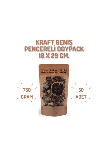18x29 Cm. Kraft Geniş Pencereli Doypack - 50 Adet