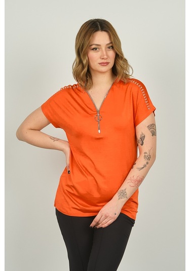 Ella Camelia Kadın Fermuarlı Kısa Kol Bluz 20e038 Oranj