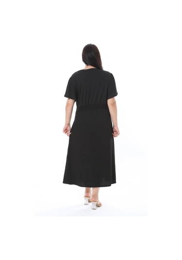 Kadın Büyük Beden Siyah Bürümcük Kumaş V Yakalı Ön Yırtmaçlı Elbise 65n38312-siyah Siyah